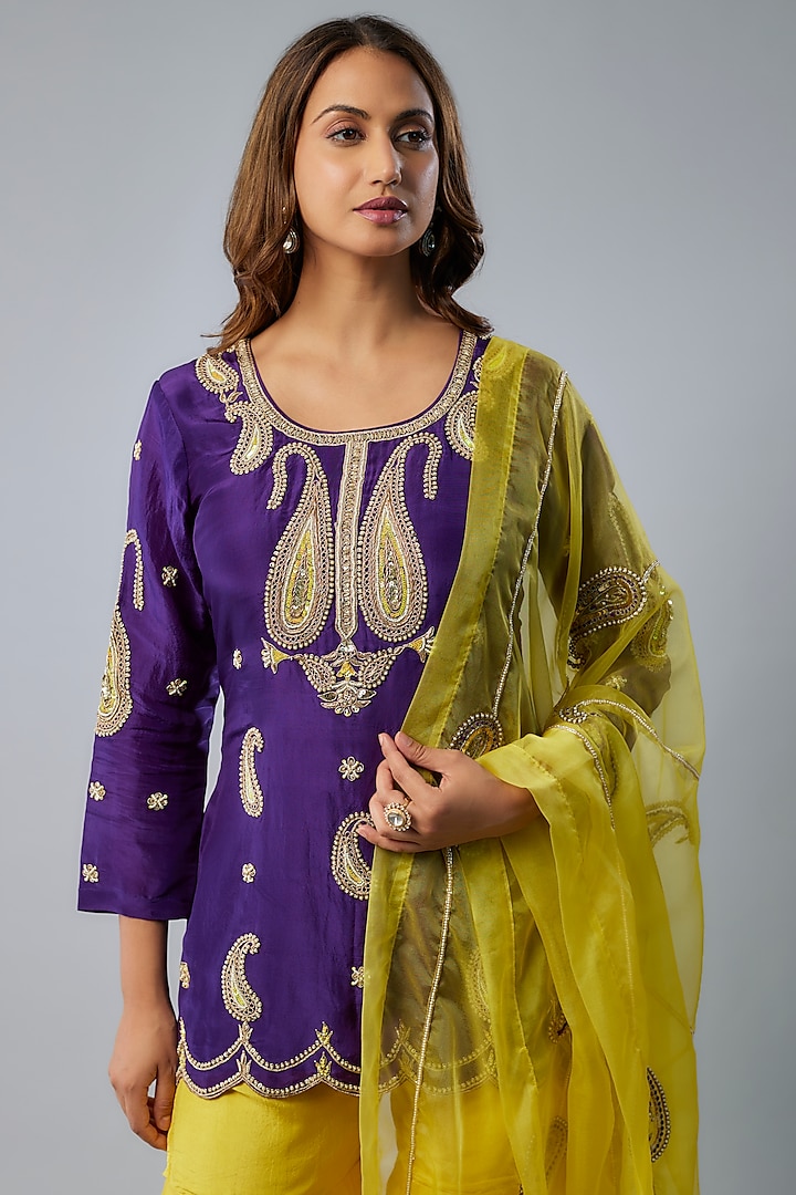 Yellow Pure Spun Silk Marodi Embroidered Party Wear Sharara Set by Yuvrani Jaipur at Pernia's Pop Up Shop