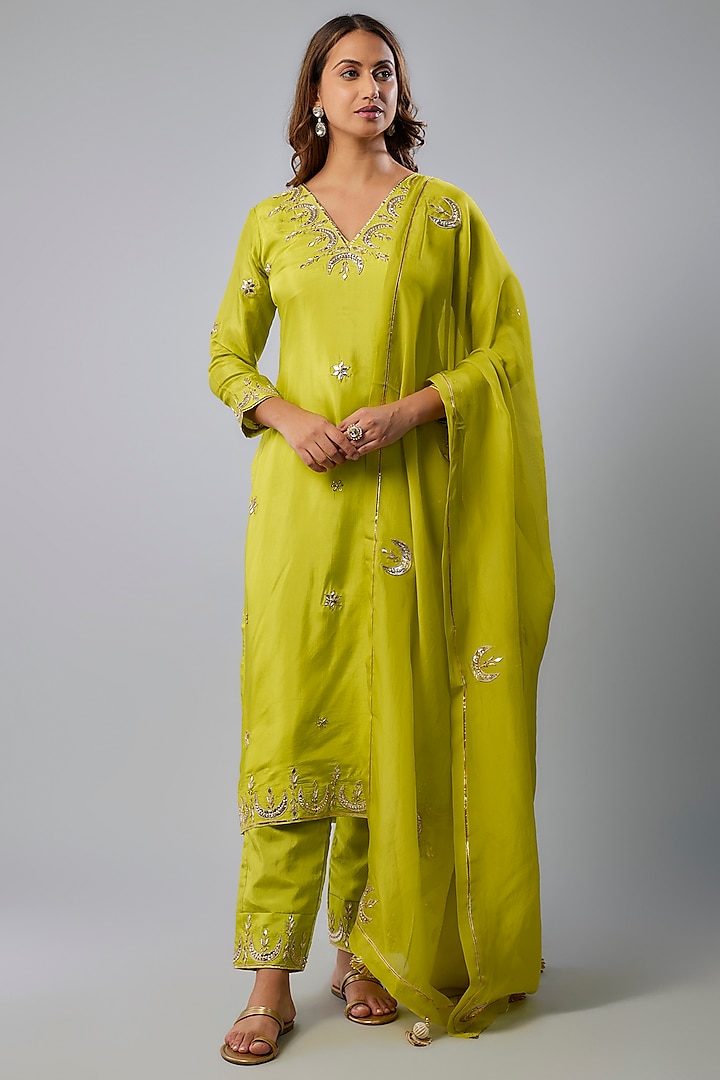 Neon Green Pure Spun Silk Dabka Hand Embroidered Kurta Set by Yuvrani Jaipur at Pernia's Pop Up Shop