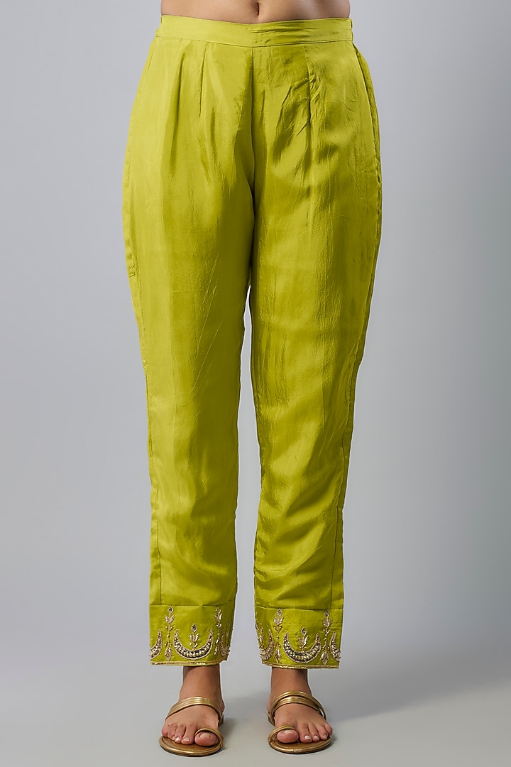 Neon Green Pure Spun Silk Dabka Hand Embroidered Kurta Set by Yuvrani Jaipur at Pernia's Pop Up Shop