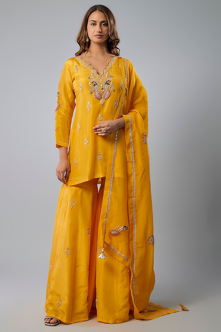 Yellow Pure Spun Silk Marodi Embroidered Party Wear Sharara Set by Yuvrani Jaipur at Pernia's Pop Up Shop