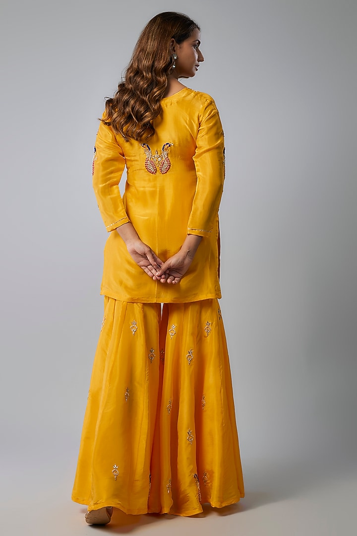 Yellow Pure Spun Silk Marodi Embroidered Party Wear Sharara Set by Yuvrani Jaipur at Pernia's Pop Up Shop