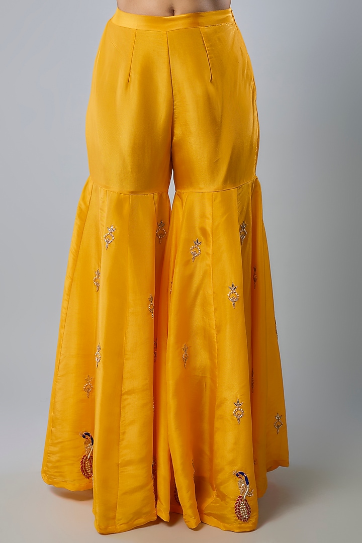 Yellow Pure Spun Silk Marodi Embroidered Party Wear Sharara Set by Yuvrani Jaipur at Pernia's Pop Up Shop