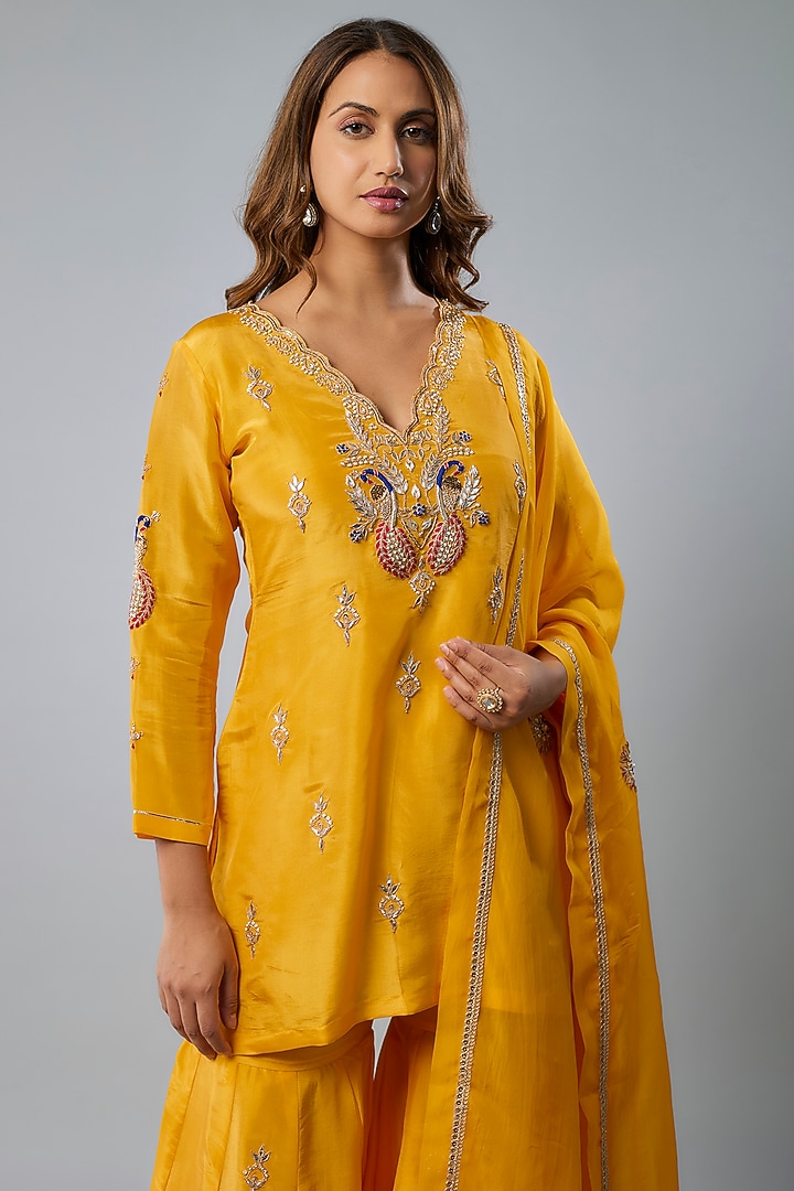 Yellow Pure Spun Silk Marodi Embroidered Party Wear Sharara Set by Yuvrani Jaipur at Pernia's Pop Up Shop