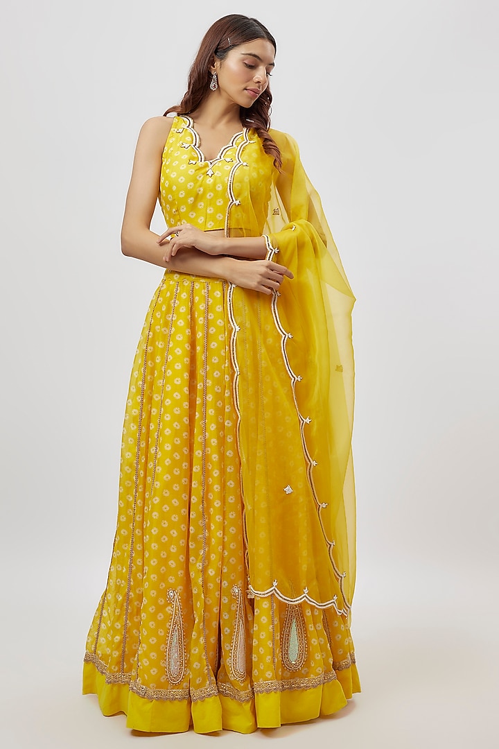 Yellow Chanderi Digital Printed & Dabka Embroidered Lehenga Set by Yuvrani Jaipur at Pernia's Pop Up Shop