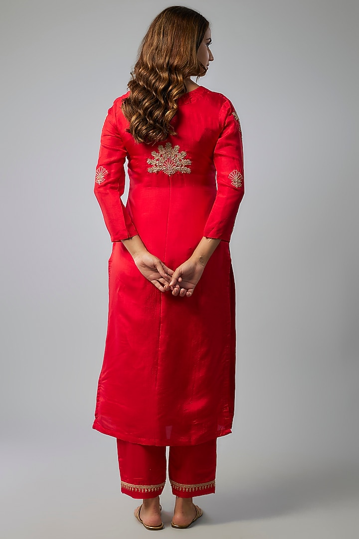 Red Pure Spun Silk Marodi Hand Embroidered Kurta Set by Yuvrani Jaipur at Pernia's Pop Up Shop