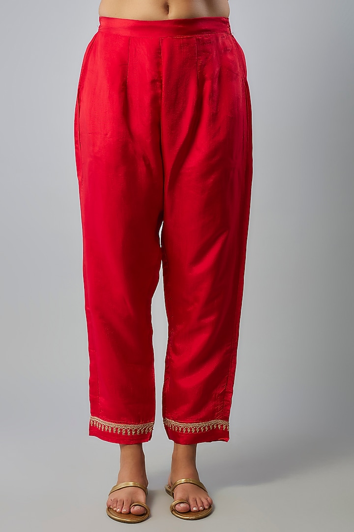 Red Pure Spun Silk Marodi Hand Embroidered Kurta Set by Yuvrani Jaipur at Pernia's Pop Up Shop
