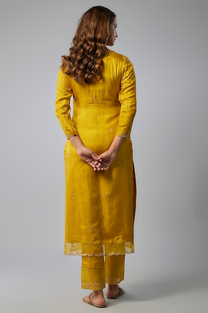 Golden Pure Spun Silk Hand Embroidered Kurta Set by Yuvrani Jaipur at Pernia's Pop Up Shop