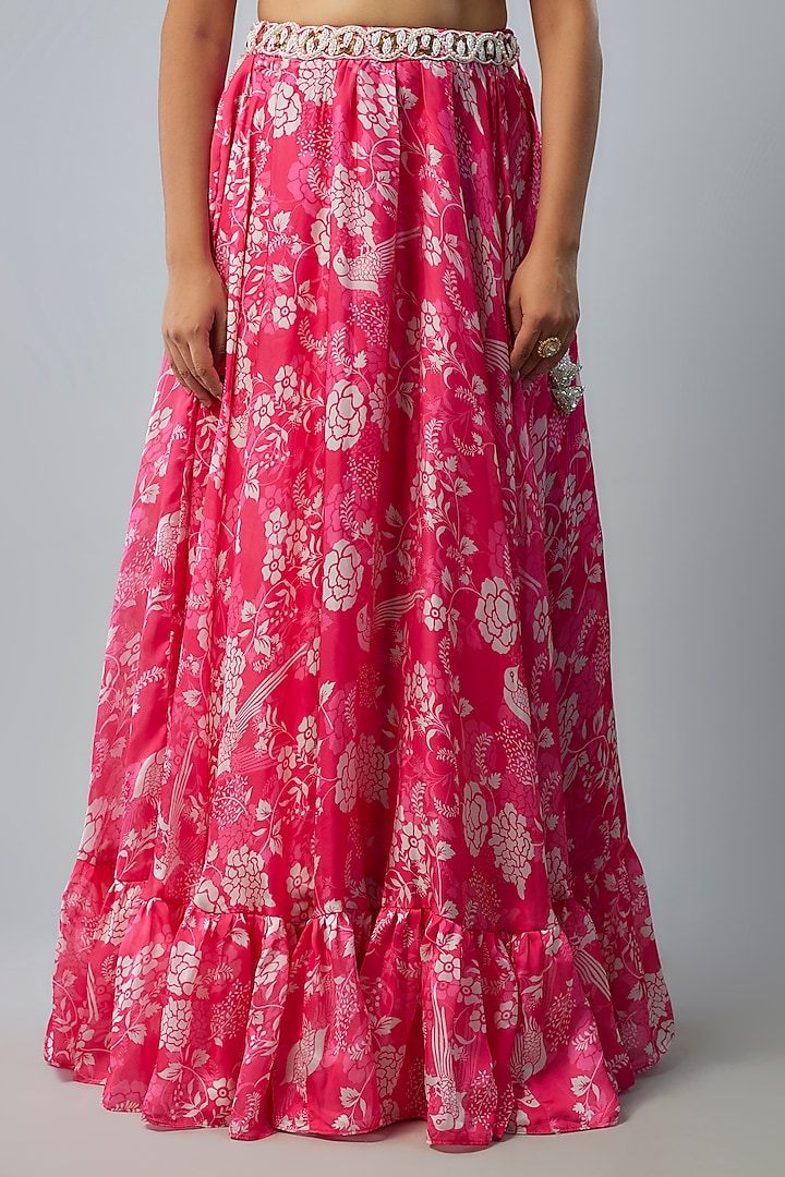 Hot Pink Satin Georgette Digital Printed Lehenga Set by Yuvrani Jaipur at Pernia's Pop Up Shop