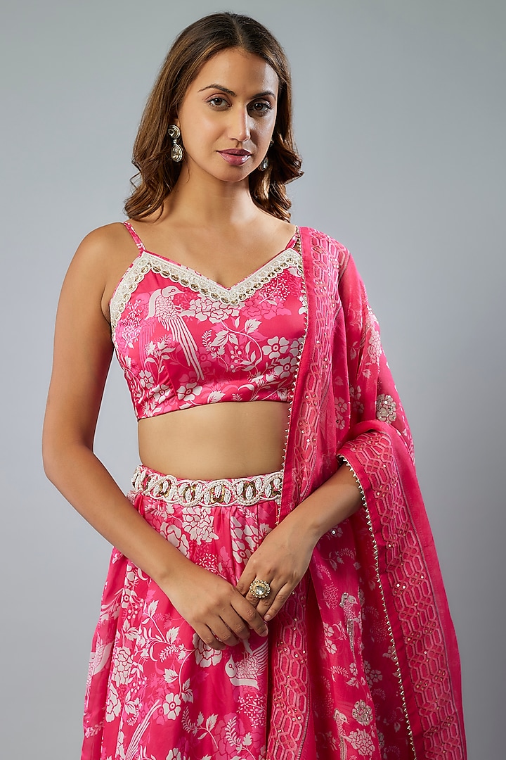 Hot Pink Satin Georgette Digital Printed Lehenga Set by Yuvrani Jaipur at Pernia's Pop Up Shop