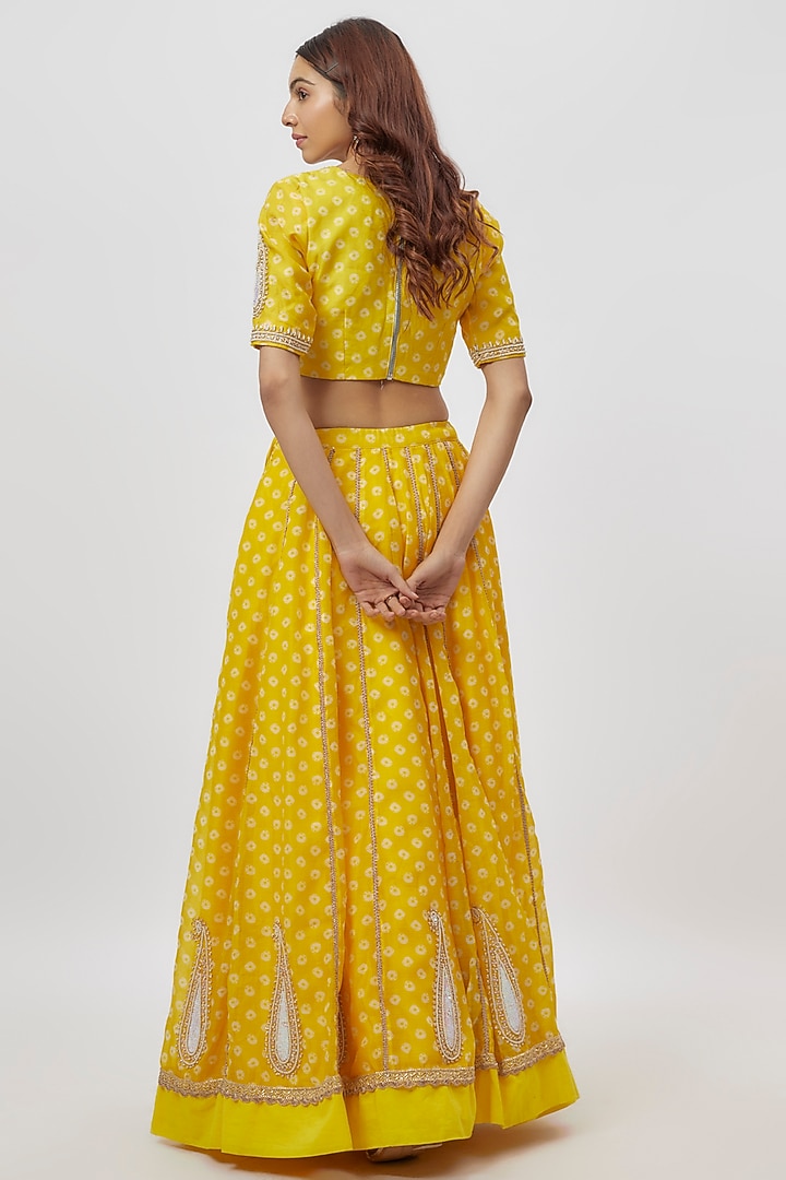 Yellow Chanderi Digital Printed & Dabka Embroidered Lehenga Set by Yuvrani Jaipur at Pernia's Pop Up Shop