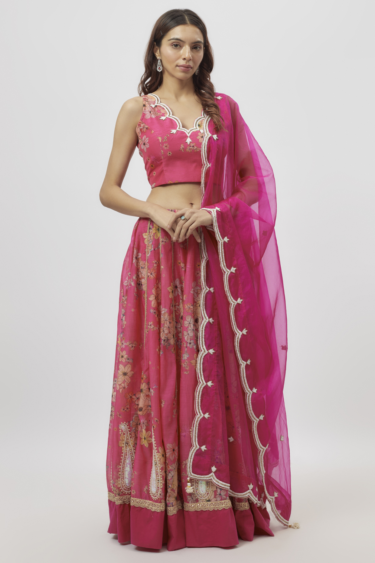 Hot Pink Chanderi Digital Printed & Dabka Embroidered Lehenga Set by Yuvrani Jaipur at Pernia's Pop Up Shop