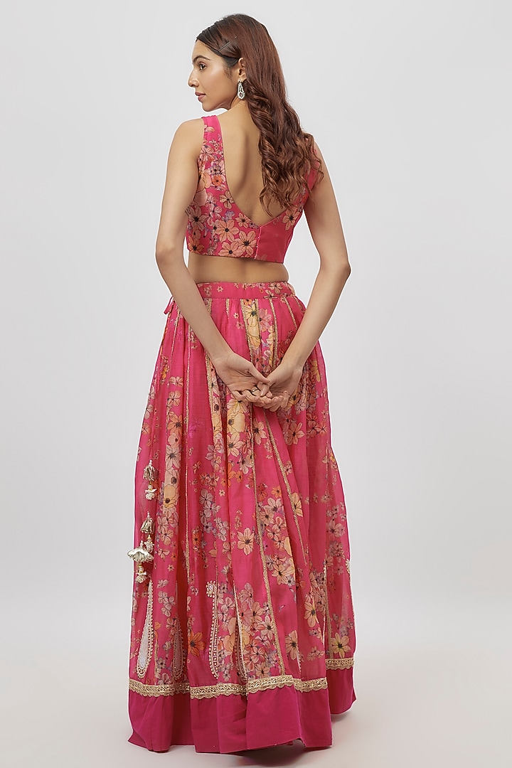 Hot Pink Chanderi Digital Printed & Dabka Embroidered Lehenga Set by Yuvrani Jaipur at Pernia's Pop Up Shop