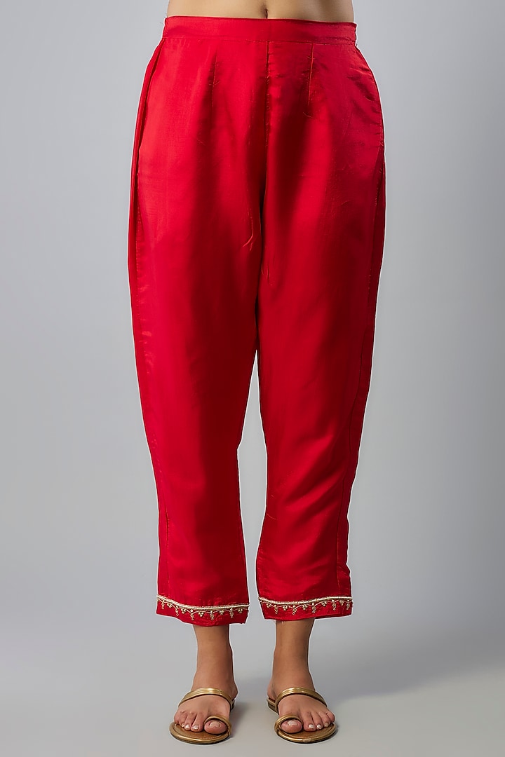 Red Spun Silk Hand Embroidered Kurta Set by Yuvrani Jaipur at Pernia's Pop Up Shop