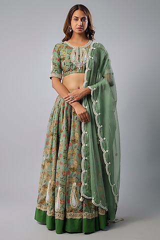 Mint Green Chanderi Digital Printed Lehenga Set by Yuvrani Jaipur