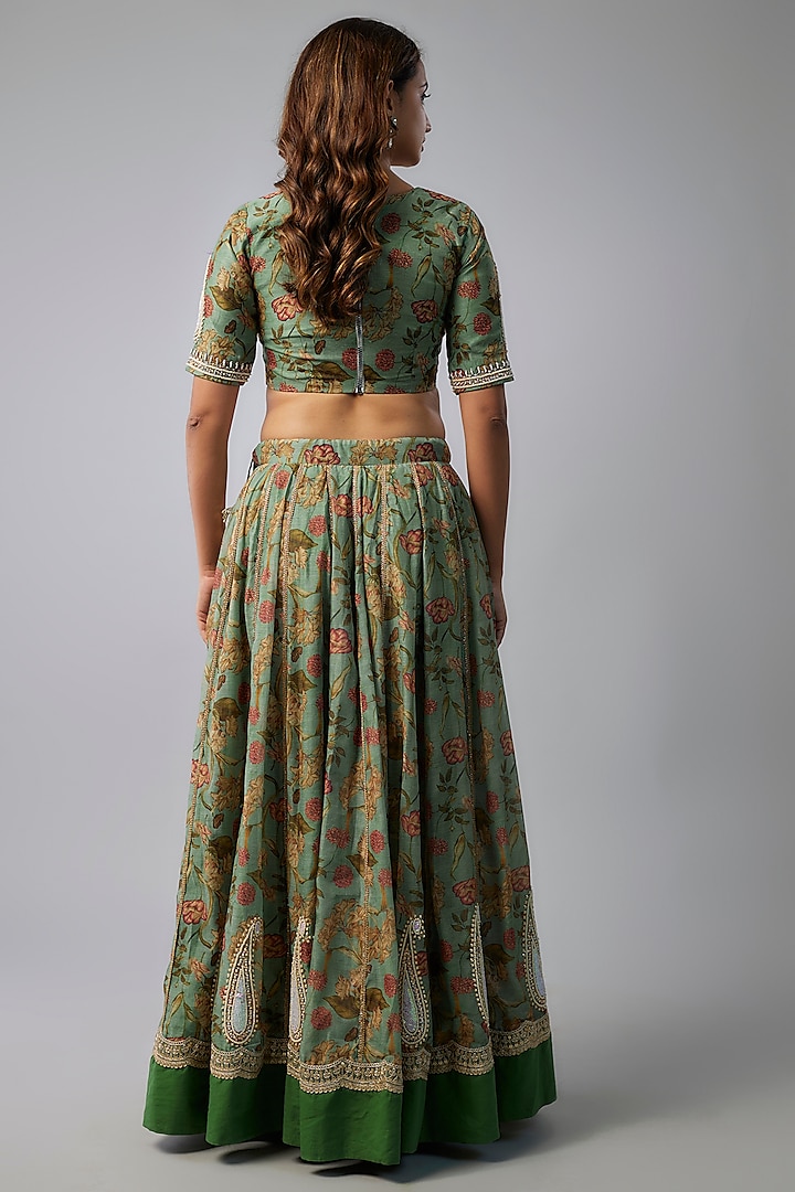 Mint Green Chanderi Digital Printed Lehenga Set by Yuvrani Jaipur at Pernia's Pop Up Shop