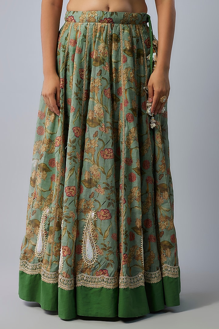 Mint Green Chanderi Digital Printed Lehenga Set by Yuvrani Jaipur at Pernia's Pop Up Shop