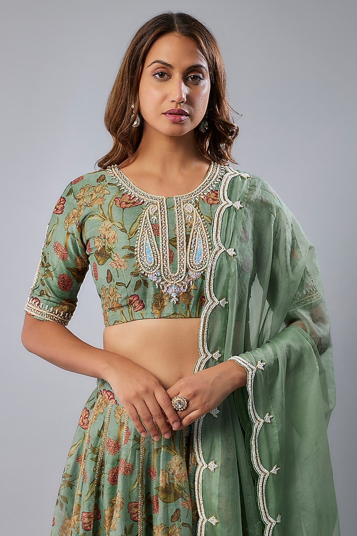 Mint Green Chanderi Digital Printed Lehenga Set by Yuvrani Jaipur at Pernia's Pop Up Shop
