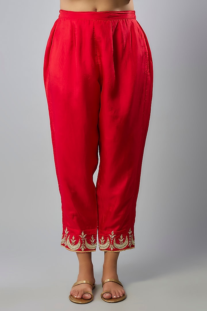 Red Pure Spun Silk Hand Embroidered Kurta Set by Yuvrani Jaipur at Pernia's Pop Up Shop