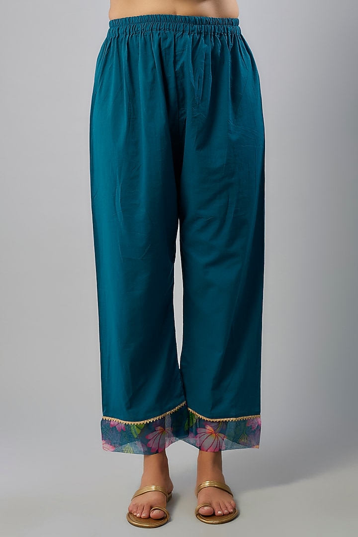 Teal Blue Chanderi Hand Embroidered Kurta Set by Yuvrani Jaipur at Pernia's Pop Up Shop