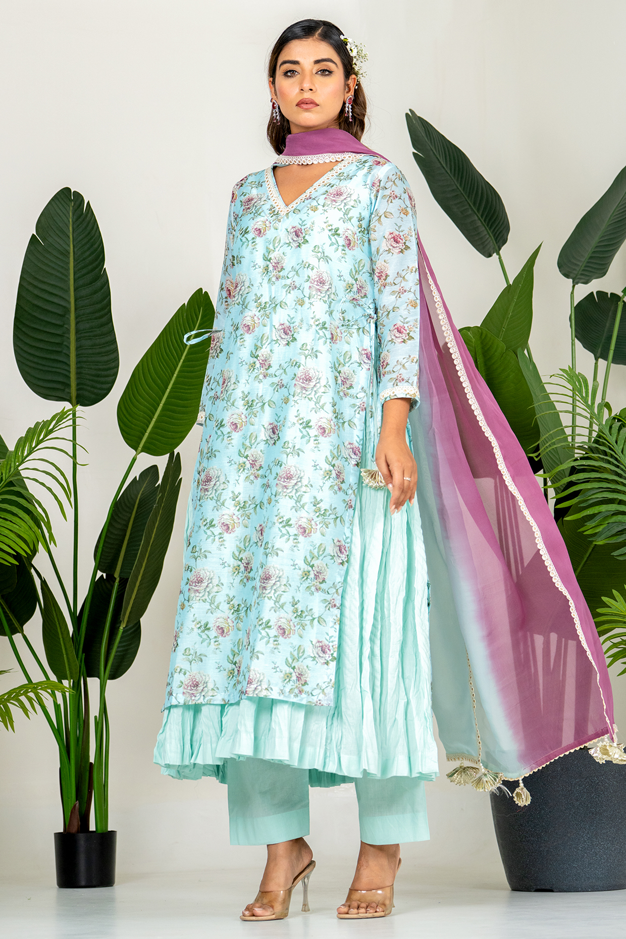 Blue Chanderi Digital Floral Printed Kurta Set by Yuvrani Jaipur at Pernia's Pop Up Shop