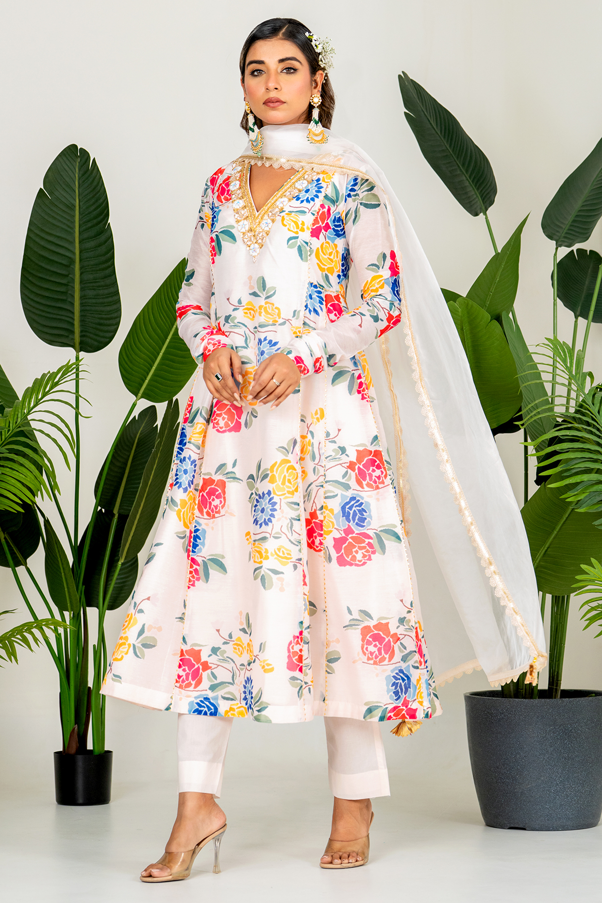 Multi-Colored Chanderi Floral Printed & Embroidered Kurta Set by Yuvrani Jaipur at Pernia's Pop Up Shop