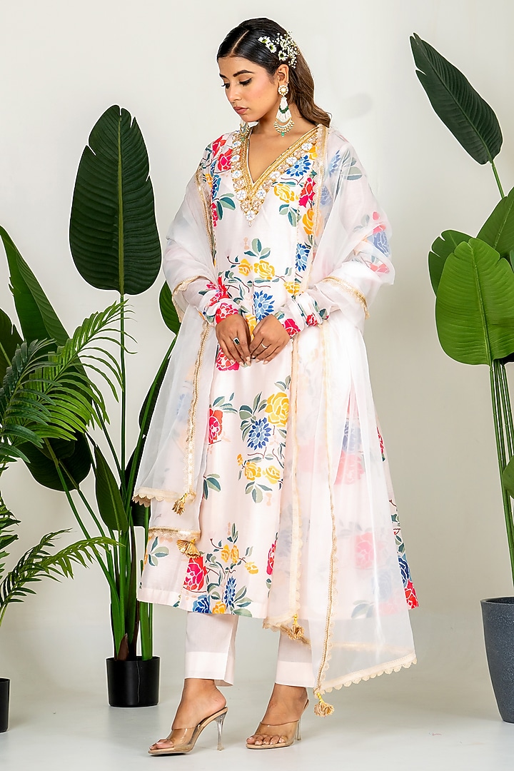 Multi-Colored Chanderi Floral Printed & Embroidered Kurta Set by Yuvrani Jaipur at Pernia's Pop Up Shop