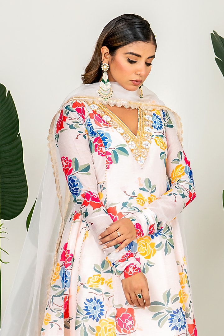 Multi-Colored Chanderi Floral Printed & Embroidered Kurta Set by Yuvrani Jaipur at Pernia's Pop Up Shop