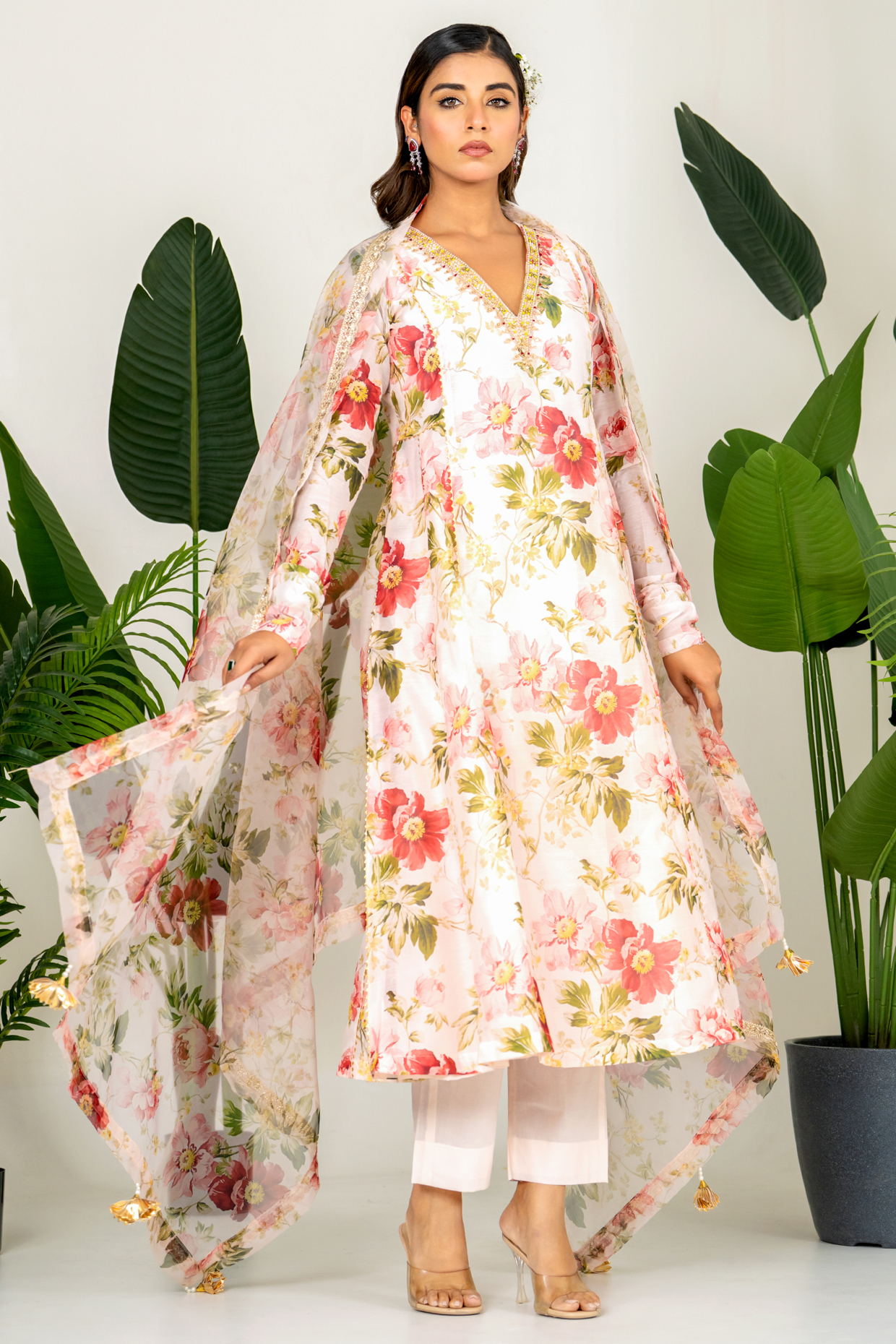 Pastel Peach Chanderi Floral Printed & Embroidered Kurta Set by Yuvrani Jaipur at Pernia's Pop Up Shop