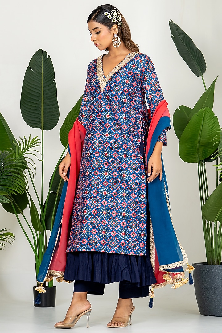 Blue Chanderi Digital Patola Printed Kurta Set by Yuvrani Jaipur at Pernia's Pop Up Shop