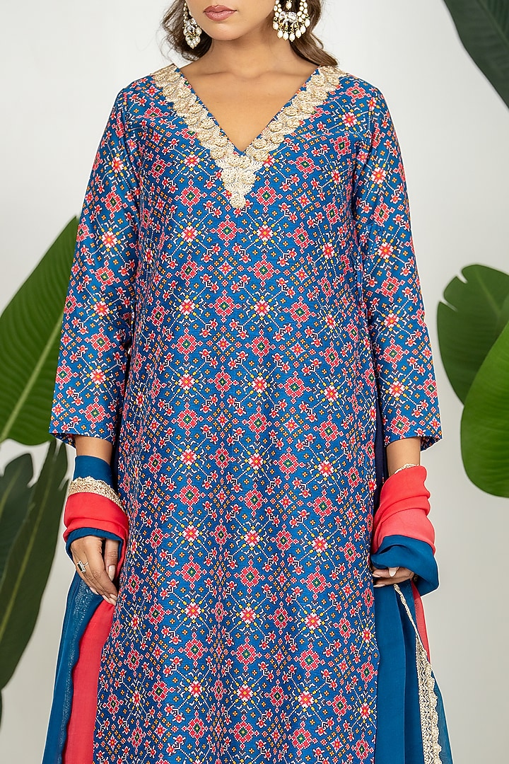 Blue Chanderi Digital Patola Printed Kurta Set by Yuvrani Jaipur at Pernia's Pop Up Shop