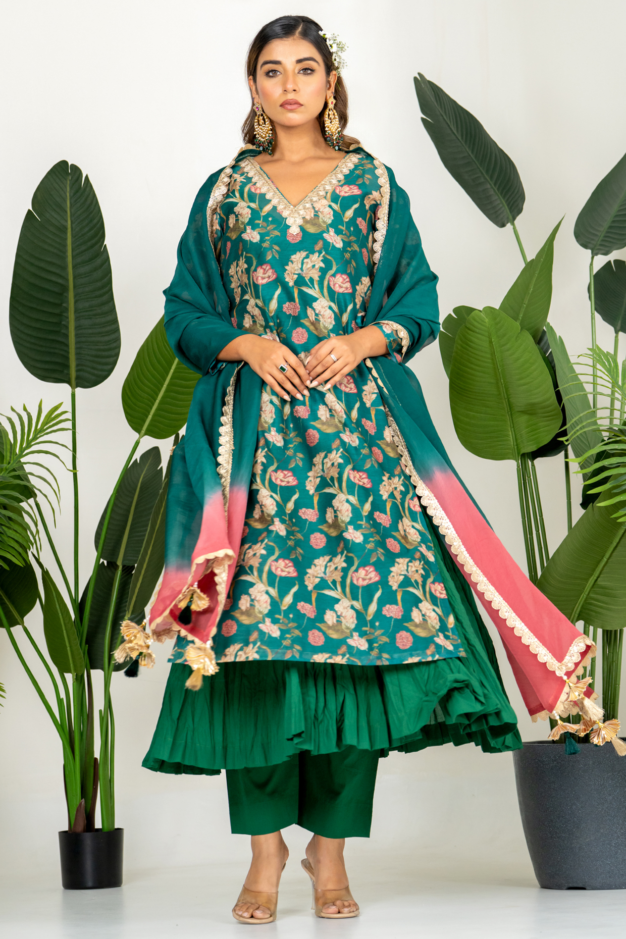 Bottle Green Chanderi Digital Floral Printed Kurta Set by Yuvrani Jaipur at Pernia's Pop Up Shop