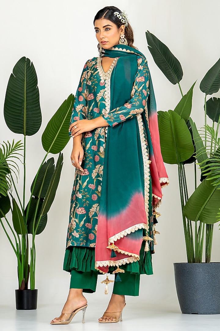 Bottle Green Chanderi Digital Floral Printed Kurta Set by Yuvrani Jaipur at Pernia's Pop Up Shop