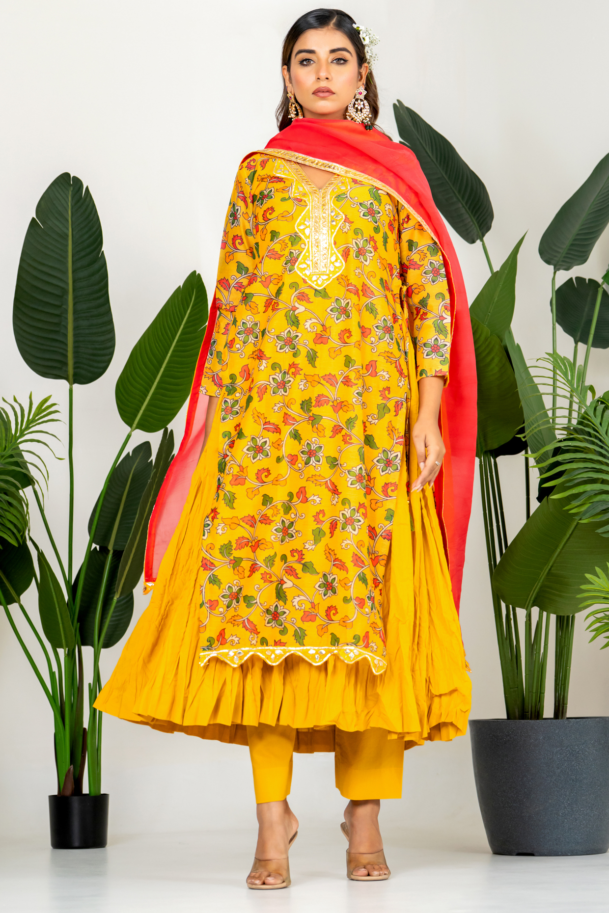 Yellow Chanderi Digital Floral Printed Kurta Set by Yuvrani Jaipur at Pernia's Pop Up Shop