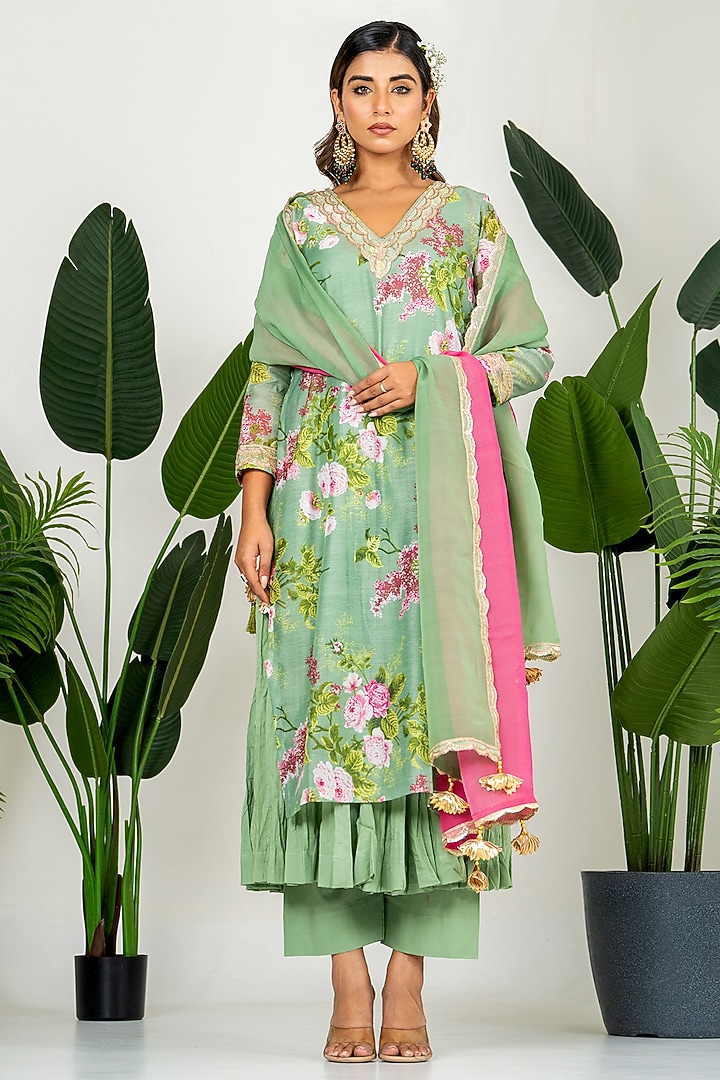 Pista Green Chanderi Digital Floral Printed Kurta Set by Yuvrani Jaipur at Pernia's Pop Up Shop