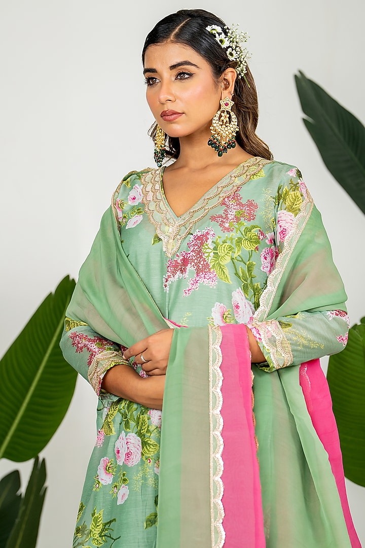 Pista Green Chanderi Digital Floral Printed Kurta Set by Yuvrani Jaipur at Pernia's Pop Up Shop