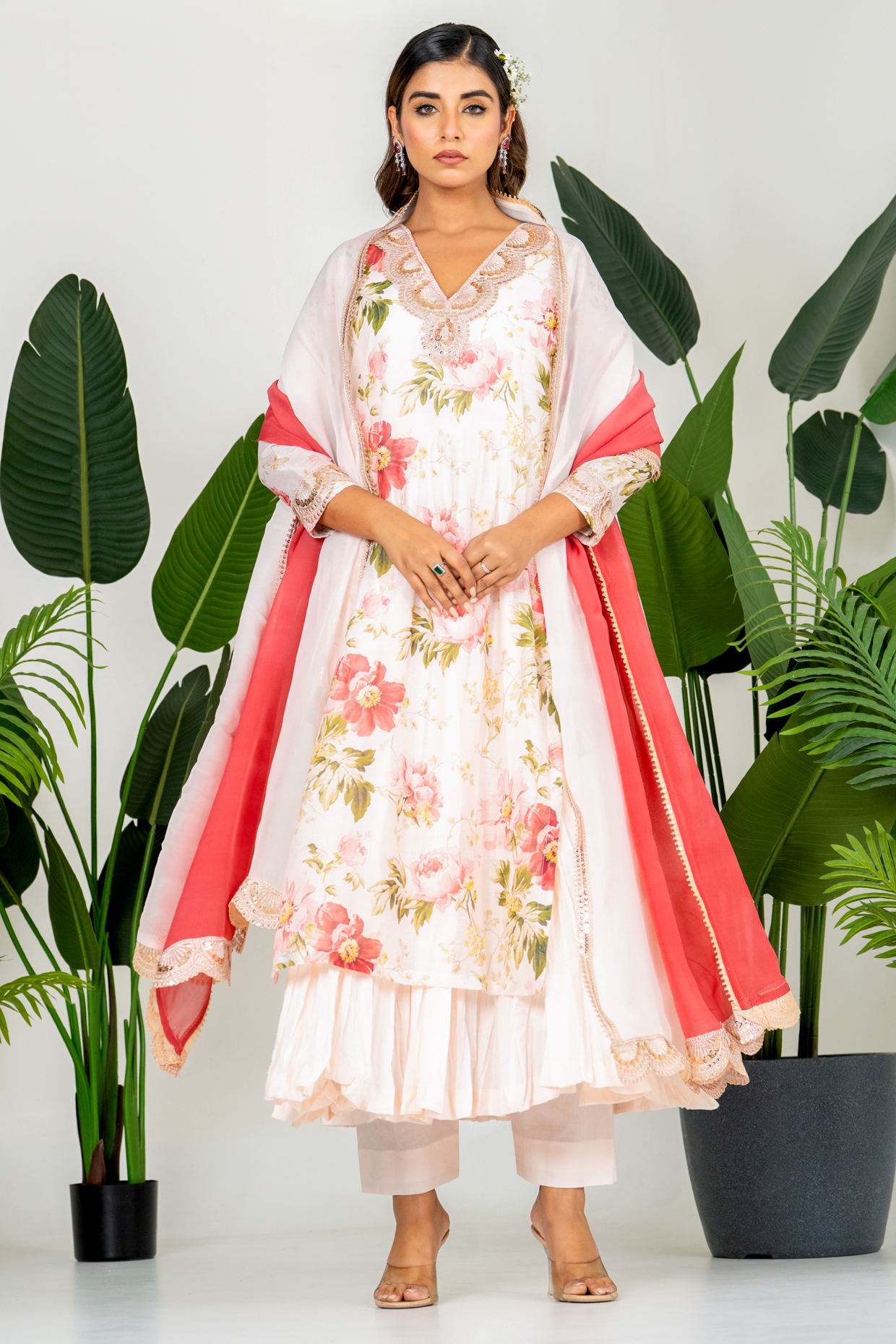 Pastel Peach Chanderi Digital Printed Kurta Set by Yuvrani Jaipur at Pernia's Pop Up Shop