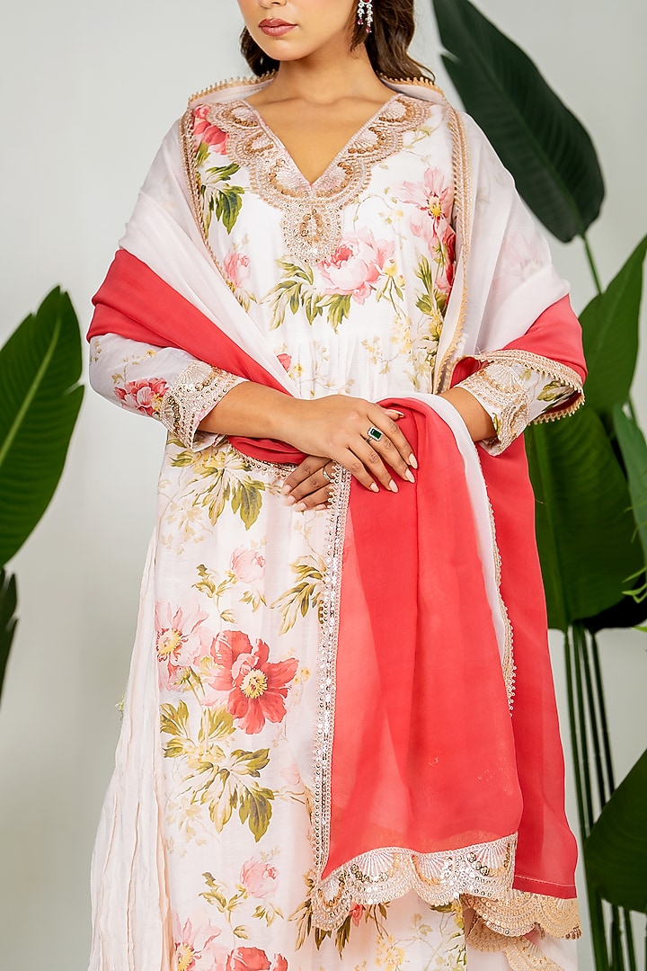 Pastel Peach Chanderi Digital Printed Kurta Set by Yuvrani Jaipur at Pernia's Pop Up Shop