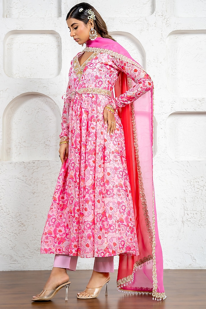 Blush Pink Chanderi Floral Printed & Gota Work Party Wear Anarkali Set by Yuvrani Jaipur at Pernia's Pop Up Shop