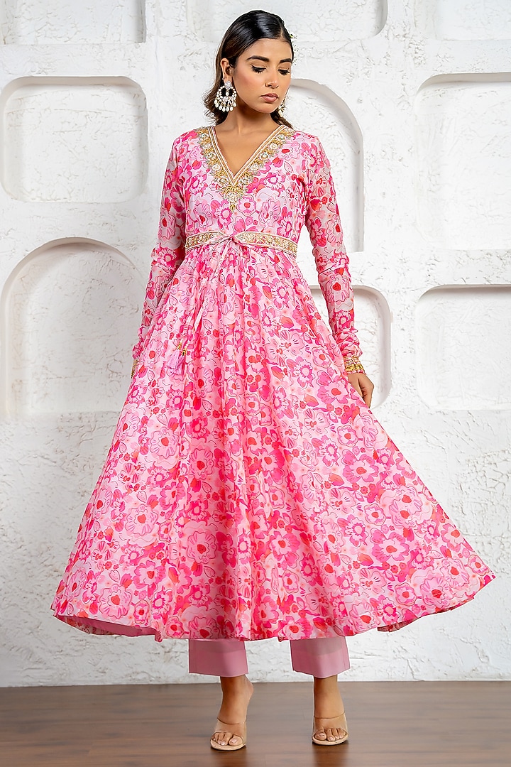 Blush Pink Chanderi Floral Printed & Gota Work Party Wear Anarkali Set by Yuvrani Jaipur at Pernia's Pop Up Shop