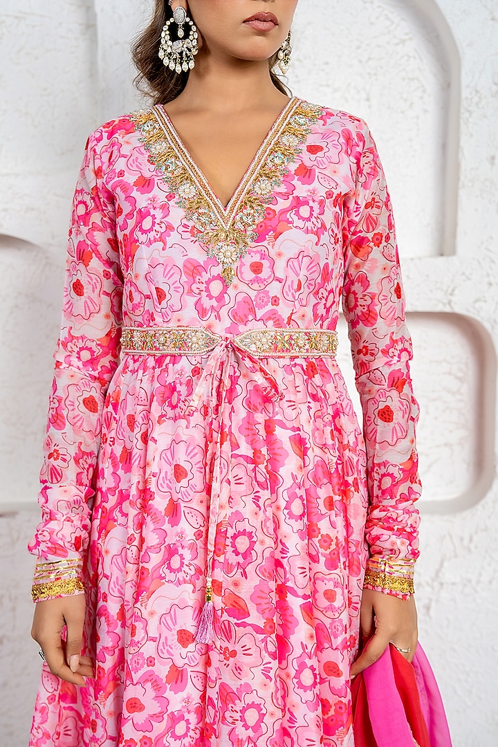Blush Pink Chanderi Floral Printed & Gota Work Party Wear Anarkali Set by Yuvrani Jaipur at Pernia's Pop Up Shop