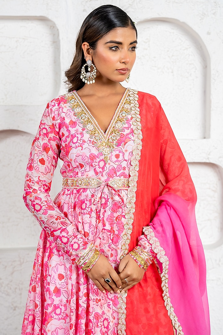 Blush Pink Chanderi Floral Printed & Gota Work Party Wear Anarkali Set by Yuvrani Jaipur at Pernia's Pop Up Shop