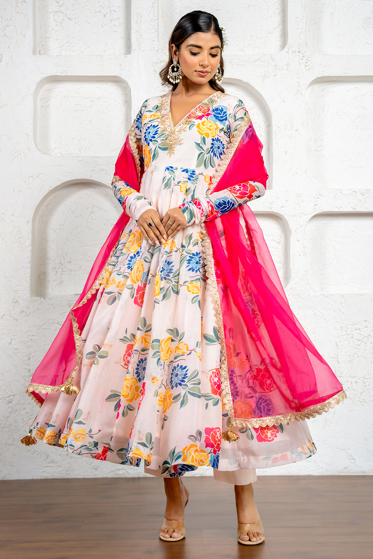 Multi-Colored Chanderi Floral Printed & Gota Work Party Wear Anarkali Set by Yuvrani Jaipur at Pernia's Pop Up Shop