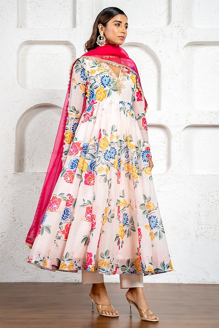 Multi-Colored Chanderi Floral Printed & Gota Work Party Wear Anarkali Set by Yuvrani Jaipur at Pernia's Pop Up Shop