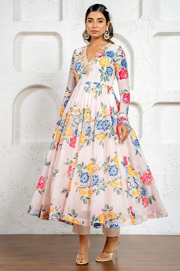 Multi-Colored Chanderi Floral Printed & Gota Work Party Wear Anarkali Set by Yuvrani Jaipur at Pernia's Pop Up Shop