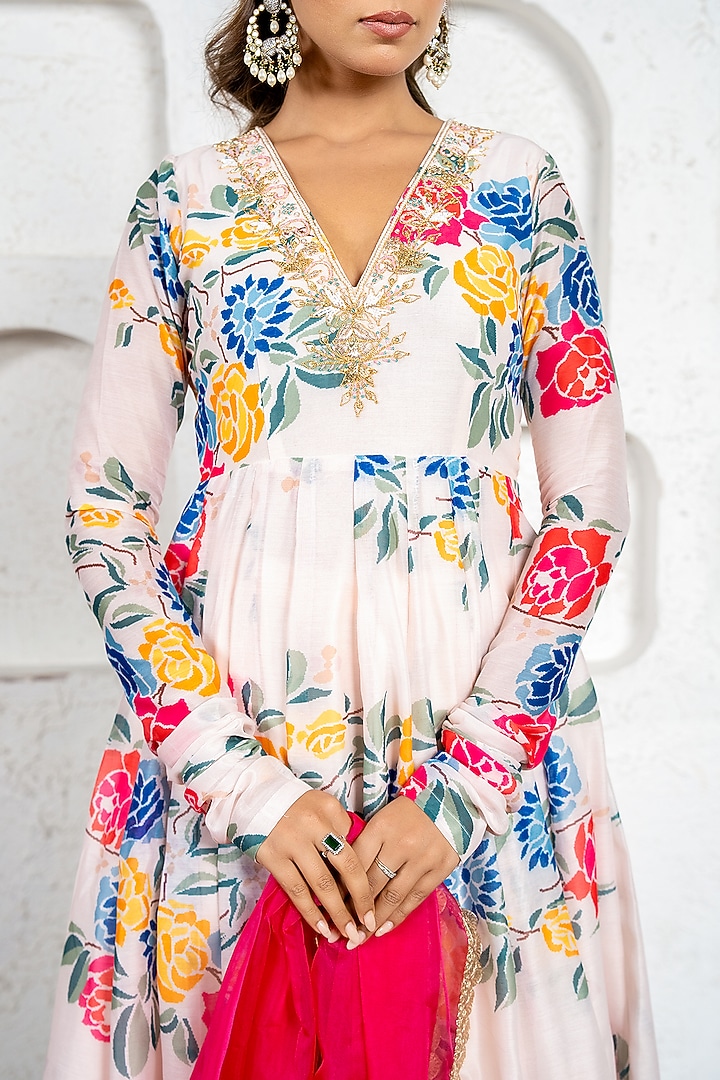 Multi-Colored Chanderi Floral Printed & Gota Work Party Wear Anarkali Set by Yuvrani Jaipur at Pernia's Pop Up Shop
