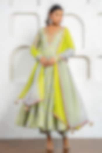 Neon Green & Grey Chanderi Floral Printed & Gota Work Party Wear Anarkali Set by Yuvrani Jaipur at Pernia's Pop Up Shop