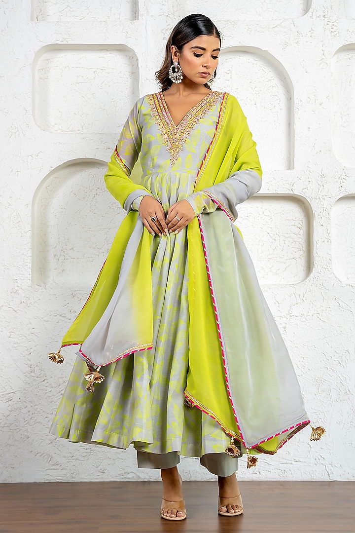 Neon Green & Grey Chanderi Floral Printed & Gota Work Party Wear Anarkali Set by Yuvrani Jaipur at Pernia's Pop Up Shop