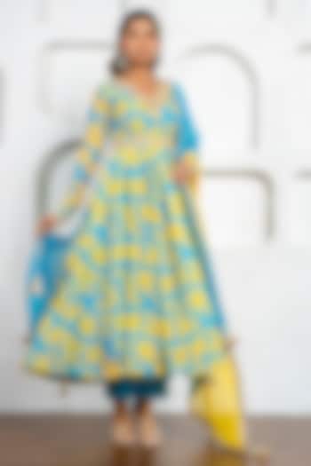 Neon Blue & Yellow Chanderi Floral Printed & Gota Work Party Wear Anarkali Set by Yuvrani Jaipur at Pernia's Pop Up Shop