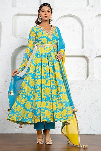 Neon Blue & Yellow Chanderi Floral Printed & Gota Work Party Wear Anarkali Set by Yuvrani Jaipur at Pernia's Pop Up Shop