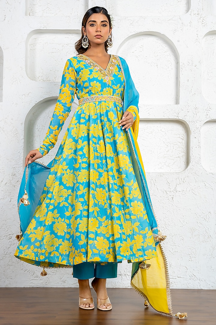 Neon Blue & Yellow Chanderi Floral Printed & Gota Work Party Wear Anarkali Set by Yuvrani Jaipur at Pernia's Pop Up Shop